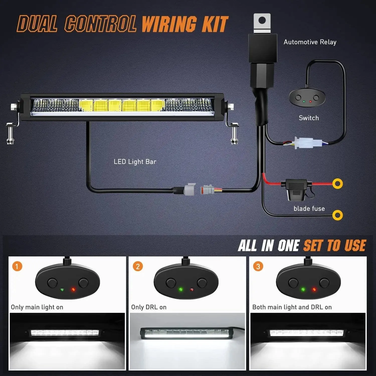15.5 Inch 60W 6650LM Slim Spot Flood DRL LED Light Bar Kit | 16AWG Wire DT Switch