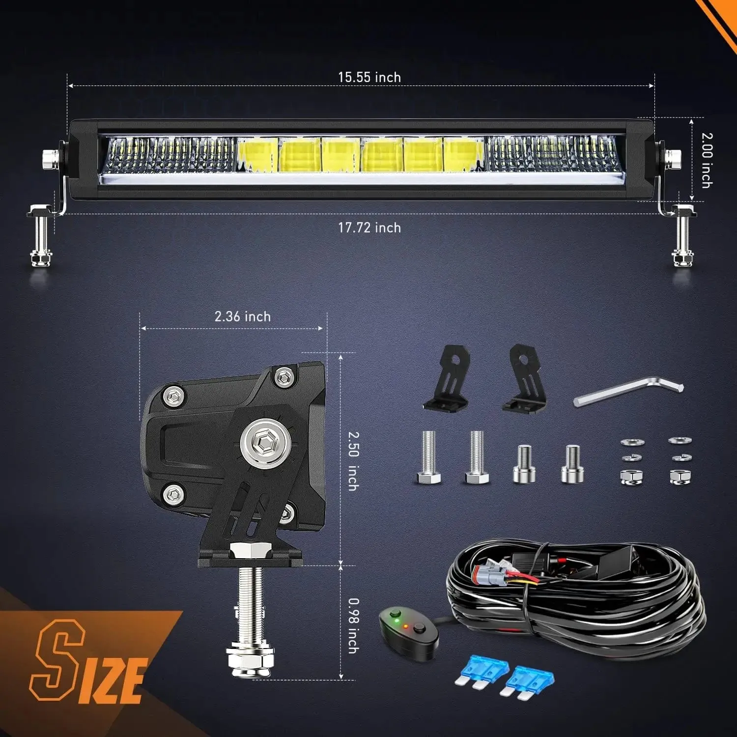 15.5 Inch 60W 6650LM Slim Spot Flood DRL LED Light Bar Kit | 16AWG Wire DT Switch