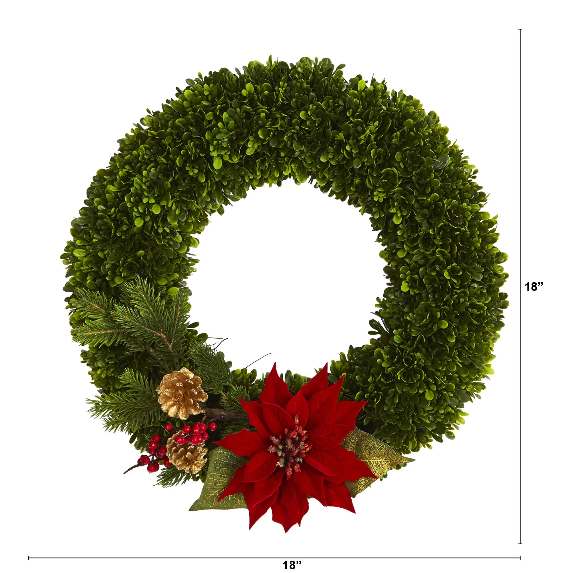 18" Tea Leaf, Poinsettia and Pine Artificial Wreath
