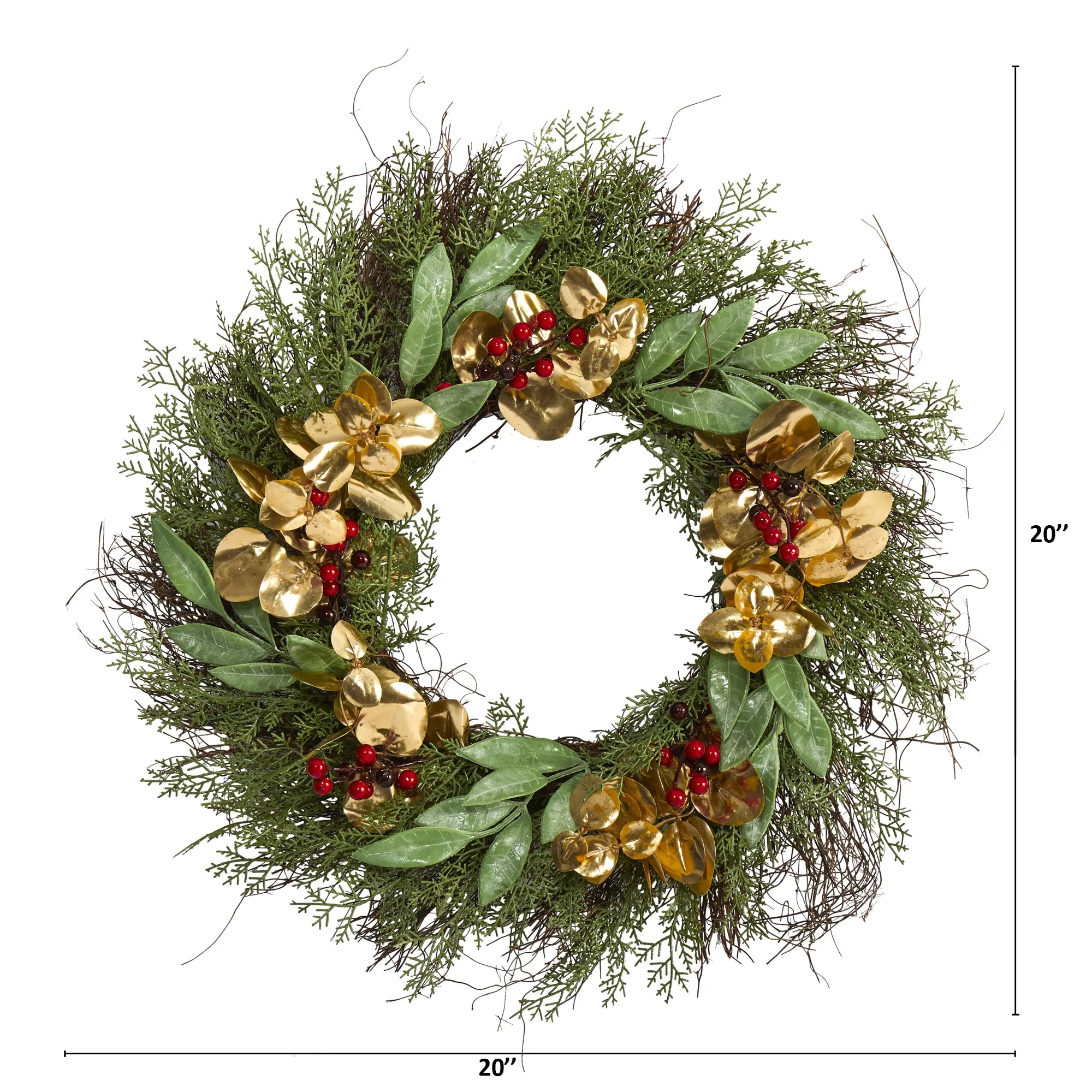 20" Cedar, Ruscus, Berries and Golden Eucalyptus Artificial Wreath
