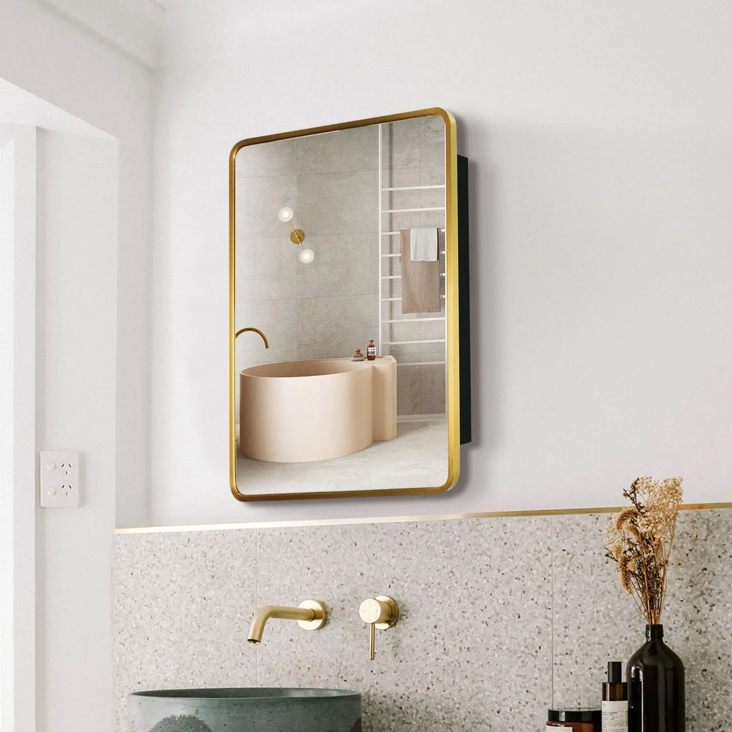 20x28 inch Gold Metal Framed Wall mount or Recessed Bathroom Medicine Cabinet with Mirror