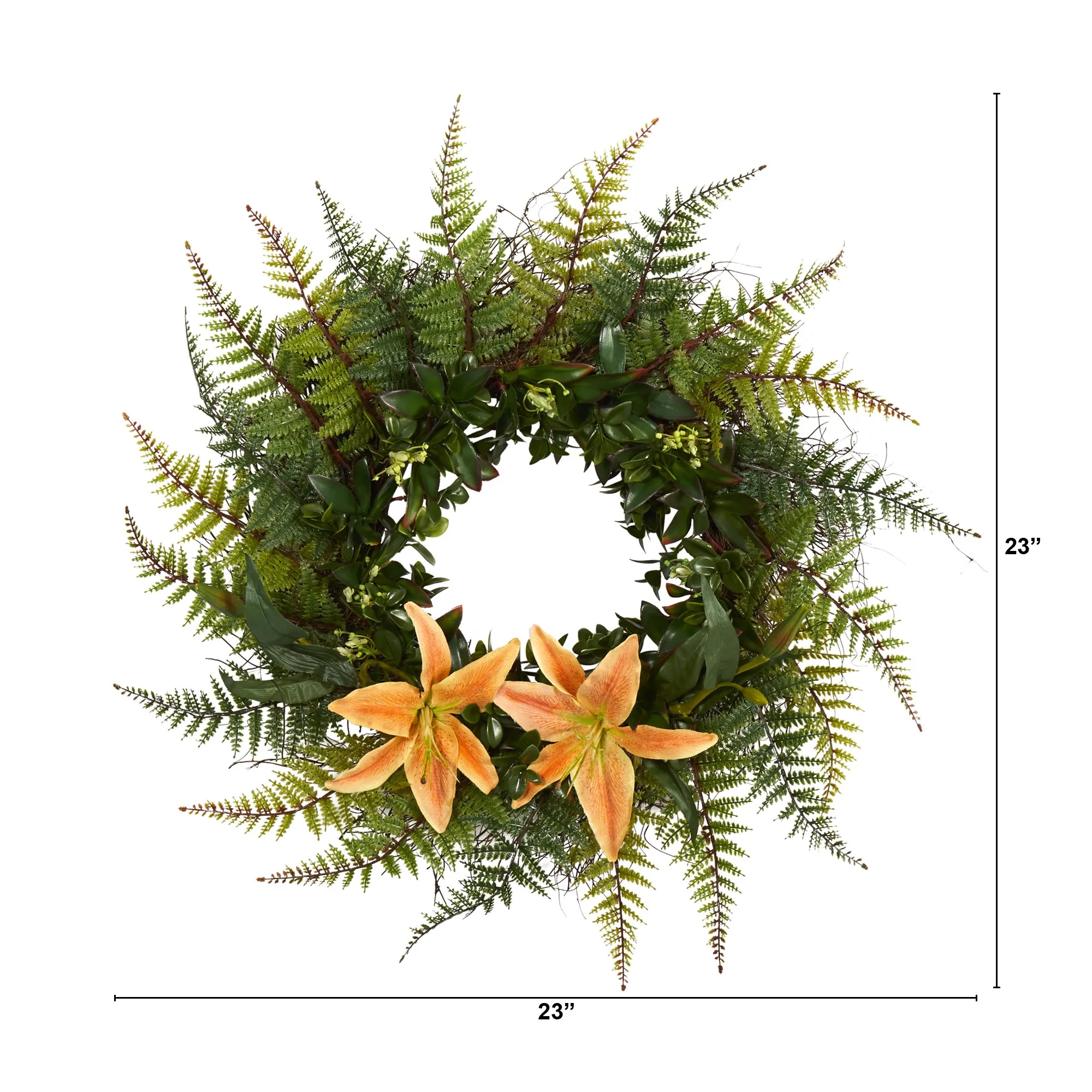 23" Assorted Fern and Lily Artificial Wreath