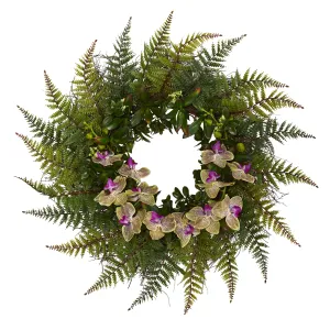 23" Fern and Phalaenopsis Orchid Artificial Wreath