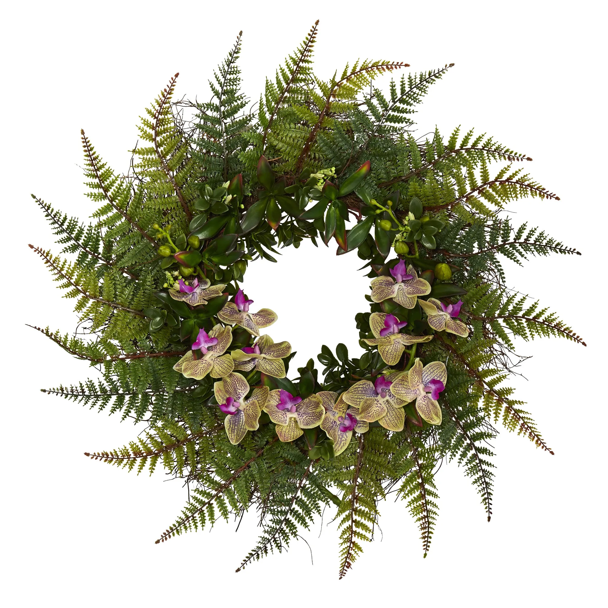 23" Fern and Phalaenopsis Orchid Artificial Wreath