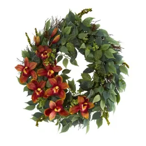 23" Mixed Greens and Cymbidium Orchid Artificial Wreath
