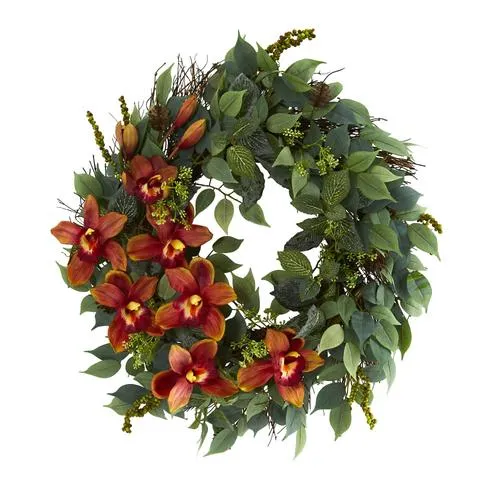 23" Mixed Greens and Cymbidium Orchid Artificial Wreath