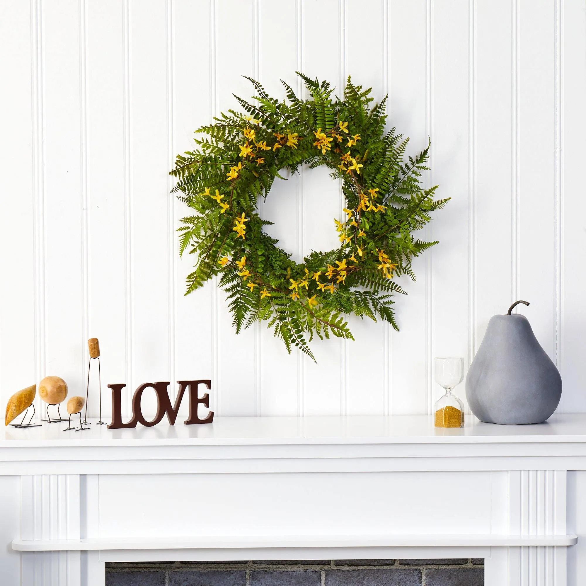 24” Mixed Fern and Forsythia Artificial Wreath