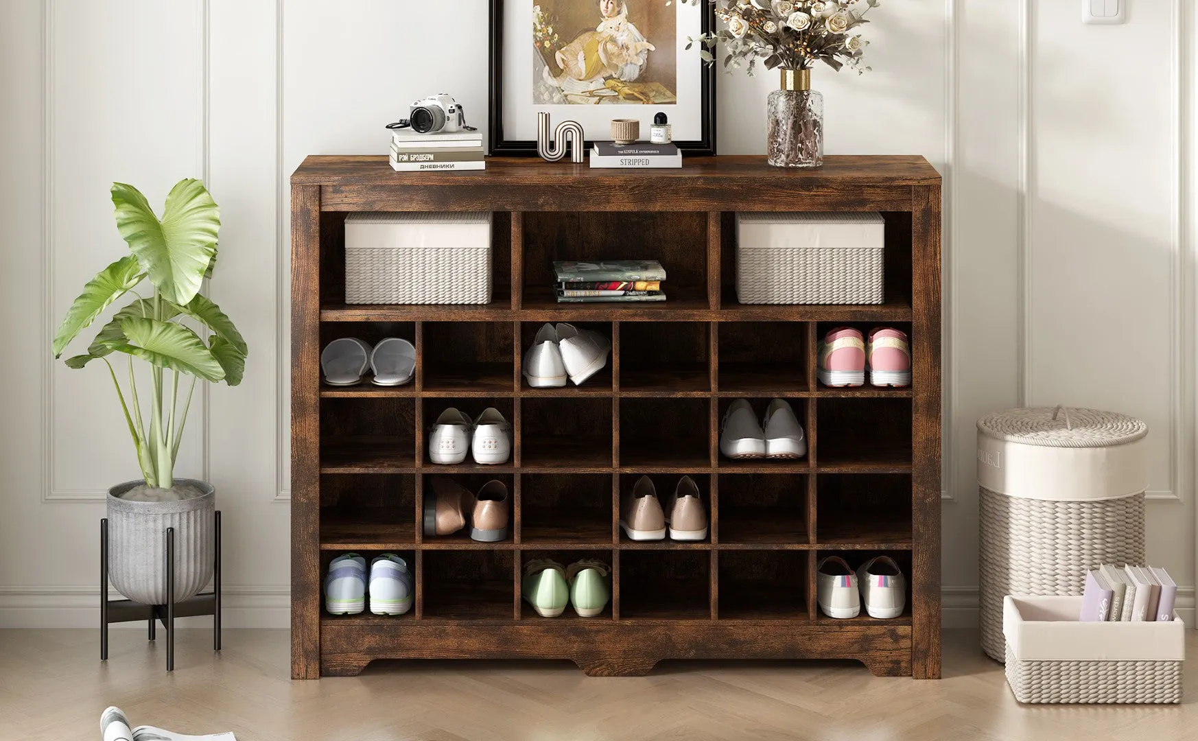 24 Shoe Cubby Console with Curved Base, Versatile Sideboard for Hallway, Bedroom, Living Room, Rustic Brown