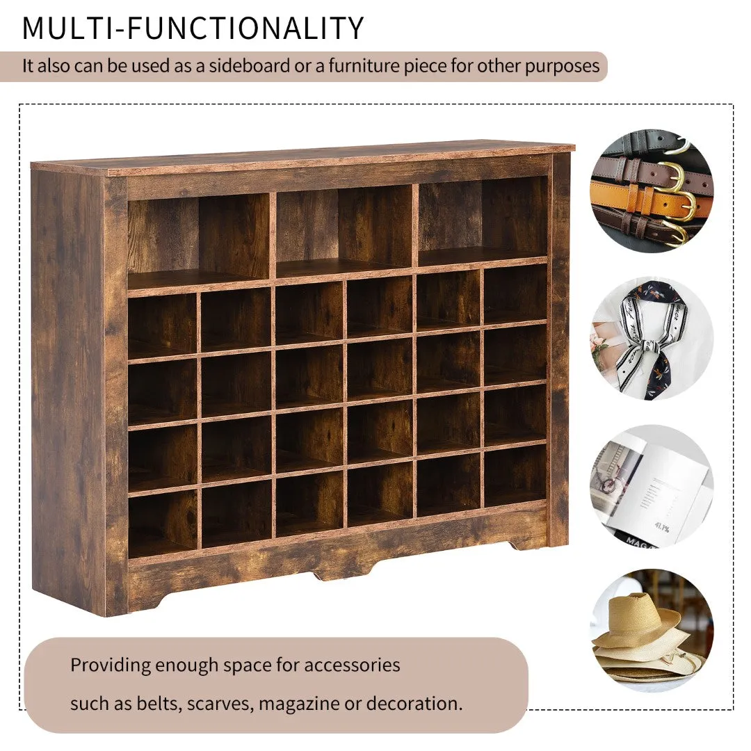 24 Shoe Cubby Console with Curved Base, Versatile Sideboard for Hallway, Bedroom, Living Room, Rustic Brown