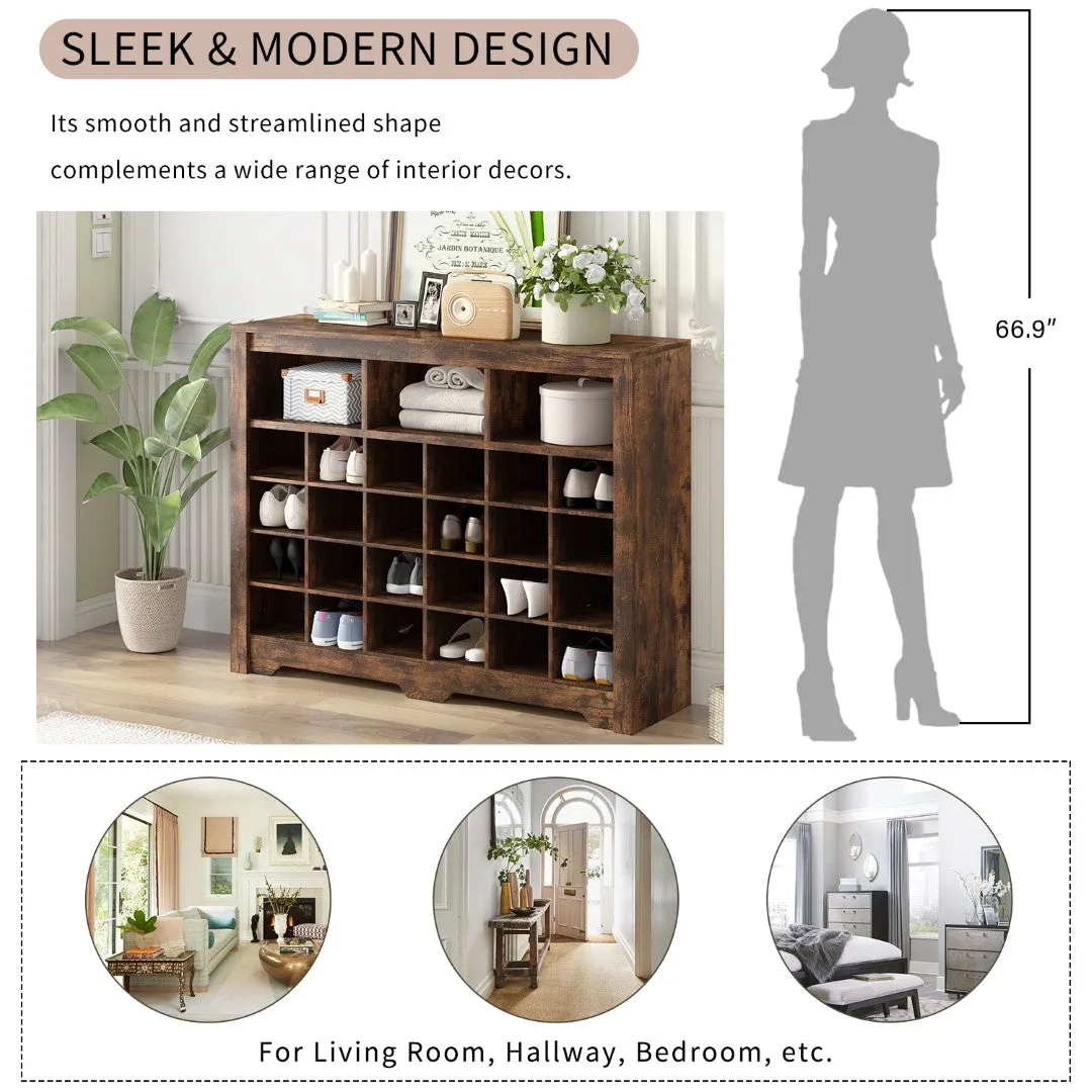 24 Shoe Cubby Console with Curved Base, Versatile Sideboard for Hallway, Bedroom, Living Room, Rustic Brown