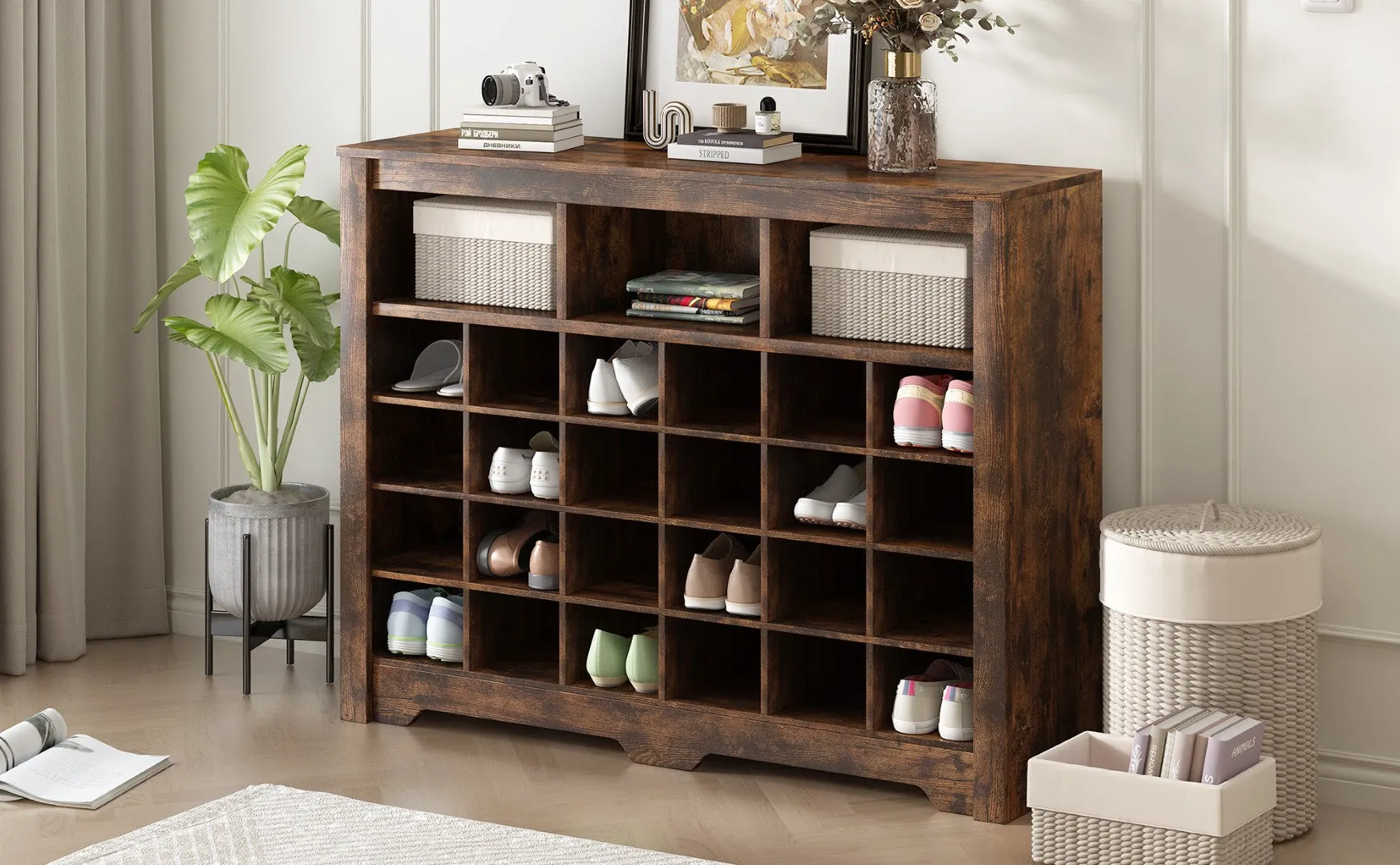 24 Shoe Cubby Console with Curved Base, Versatile Sideboard for Hallway, Bedroom, Living Room, Rustic Brown