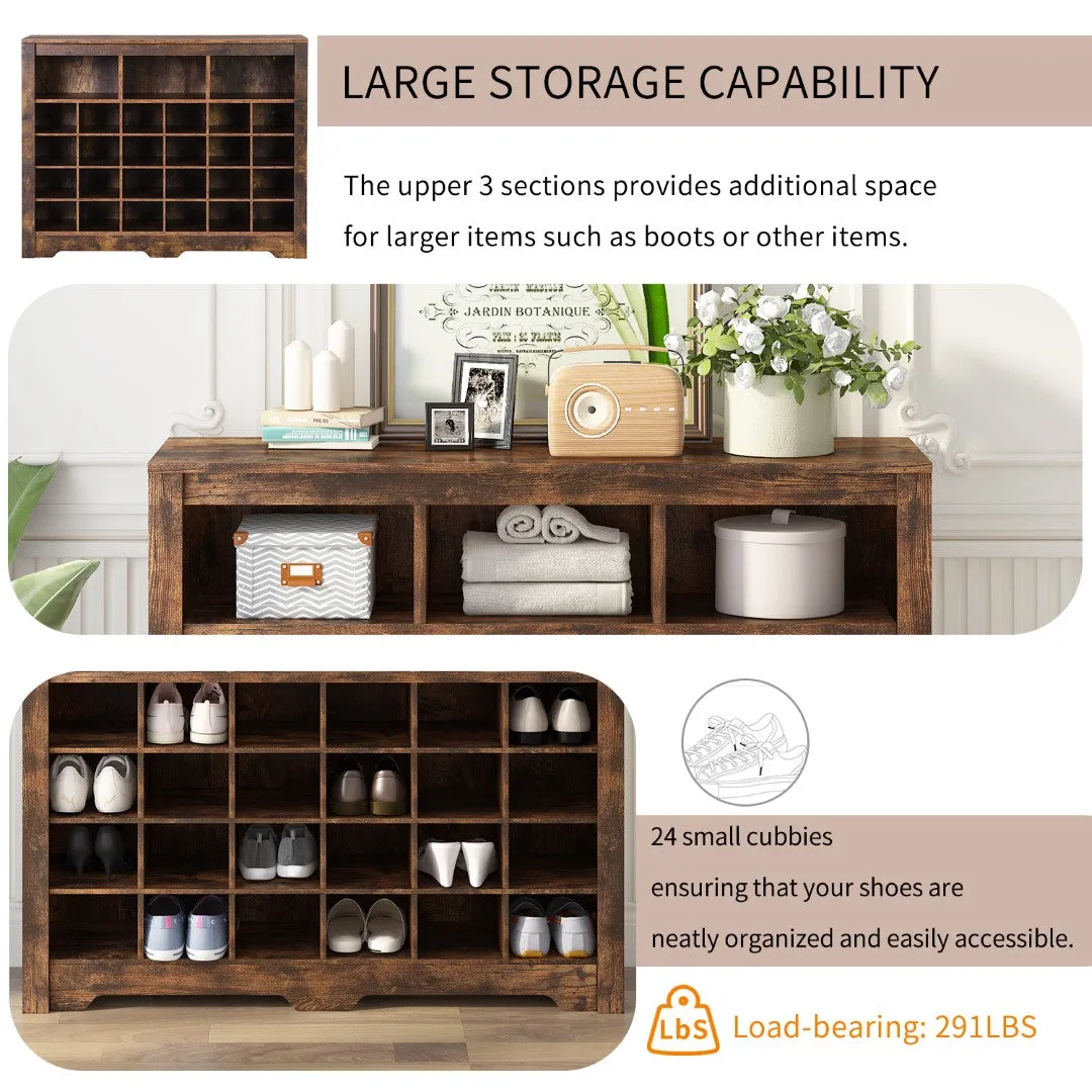 24 Shoe Cubby Console with Curved Base, Versatile Sideboard for Hallway, Bedroom, Living Room, Rustic Brown
