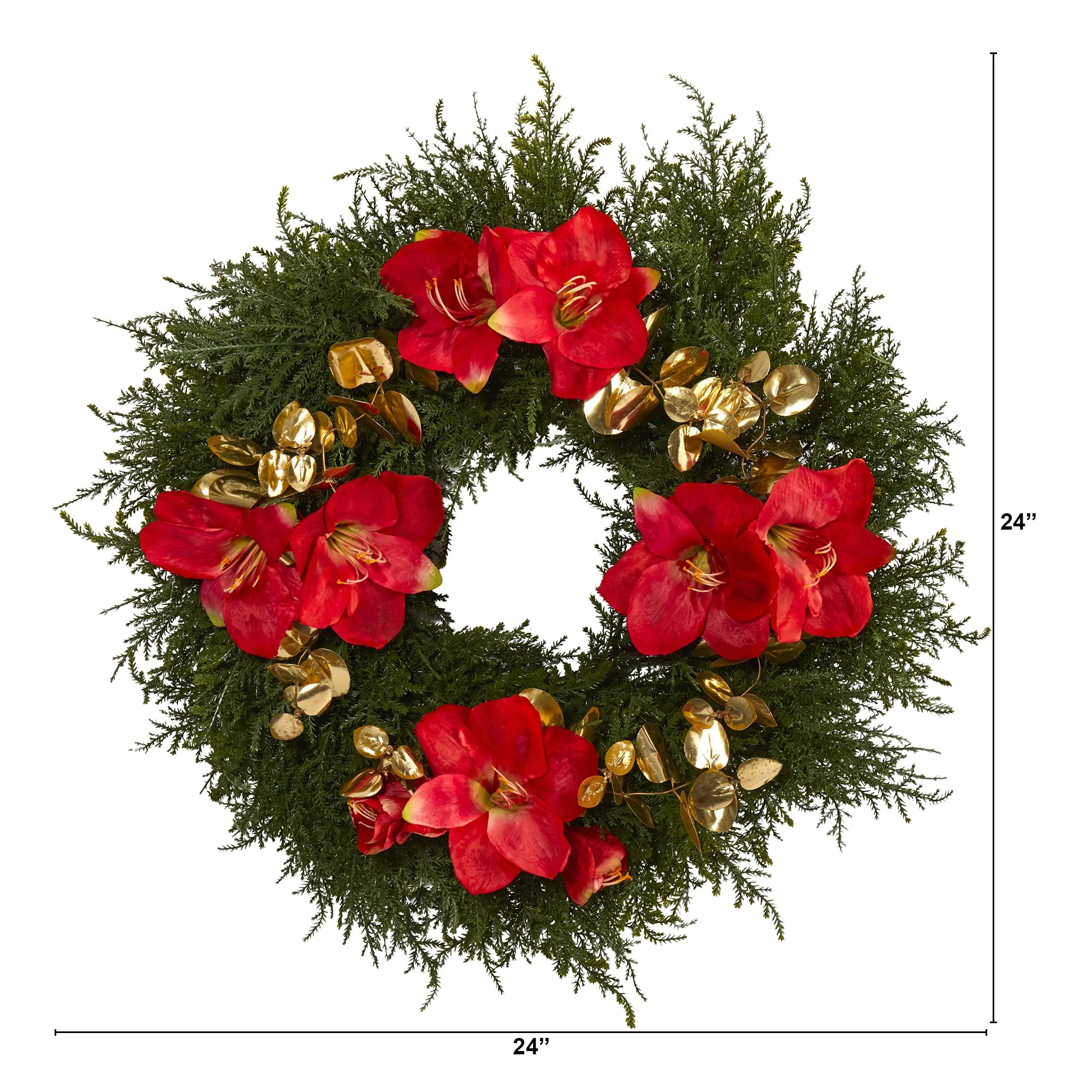 24" Cedar, Amaryllis and Metallic Eucalyptus Artificial Wreath