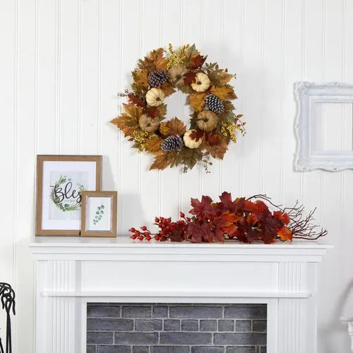 24" Fall Pumpkins, Pine Cones and Berries Artificial Wreath