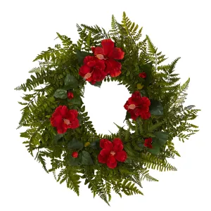 24" Mixed Fern and Hibiscus Artificial Wreath