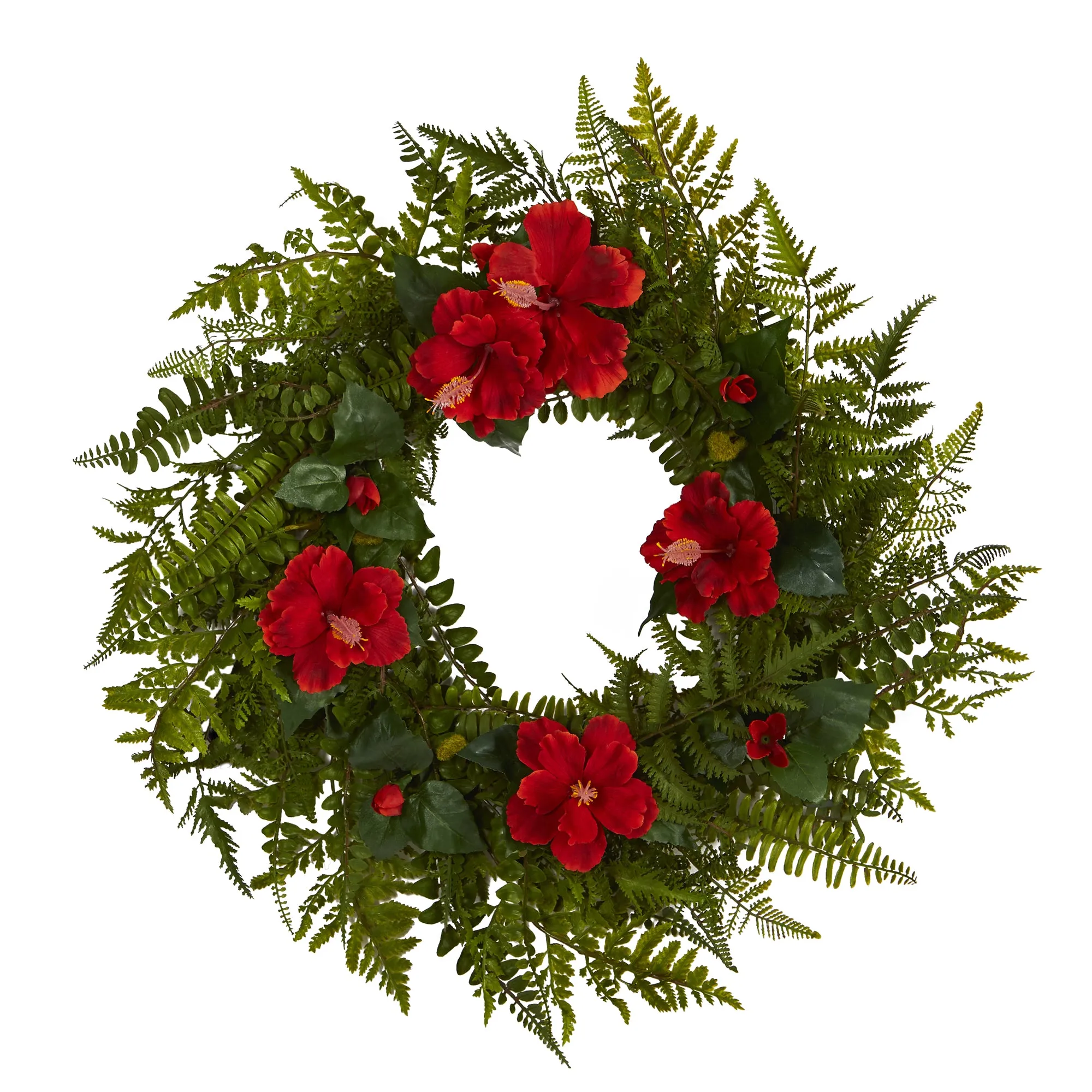 24" Mixed Fern and Hibiscus Artificial Wreath