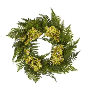 24" Mixed Fern and Phalaenopsis Orchid Artificial Wreath