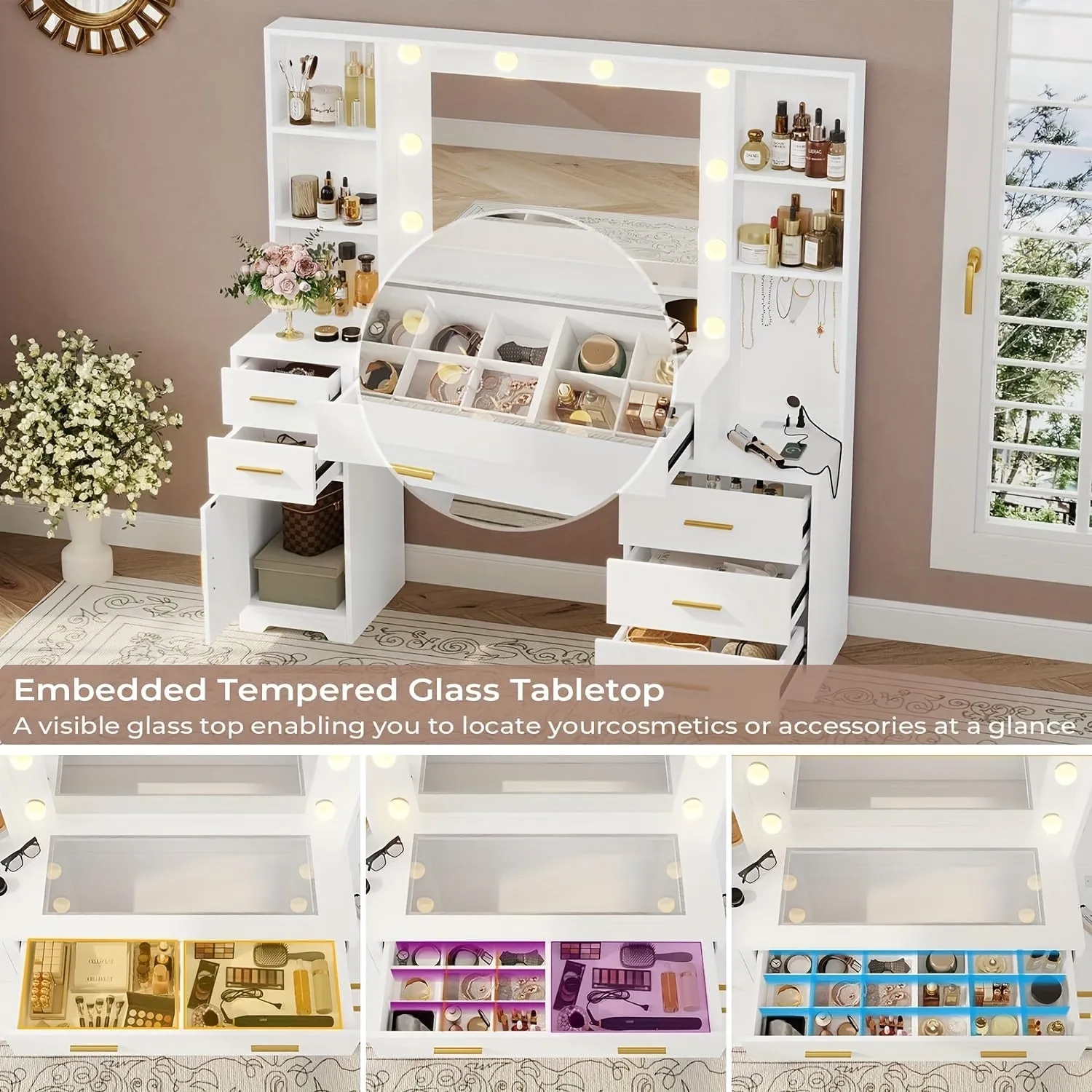 3-Drawer Vanity Desk with Tri-Color Adjustable LED Lighted Mirror