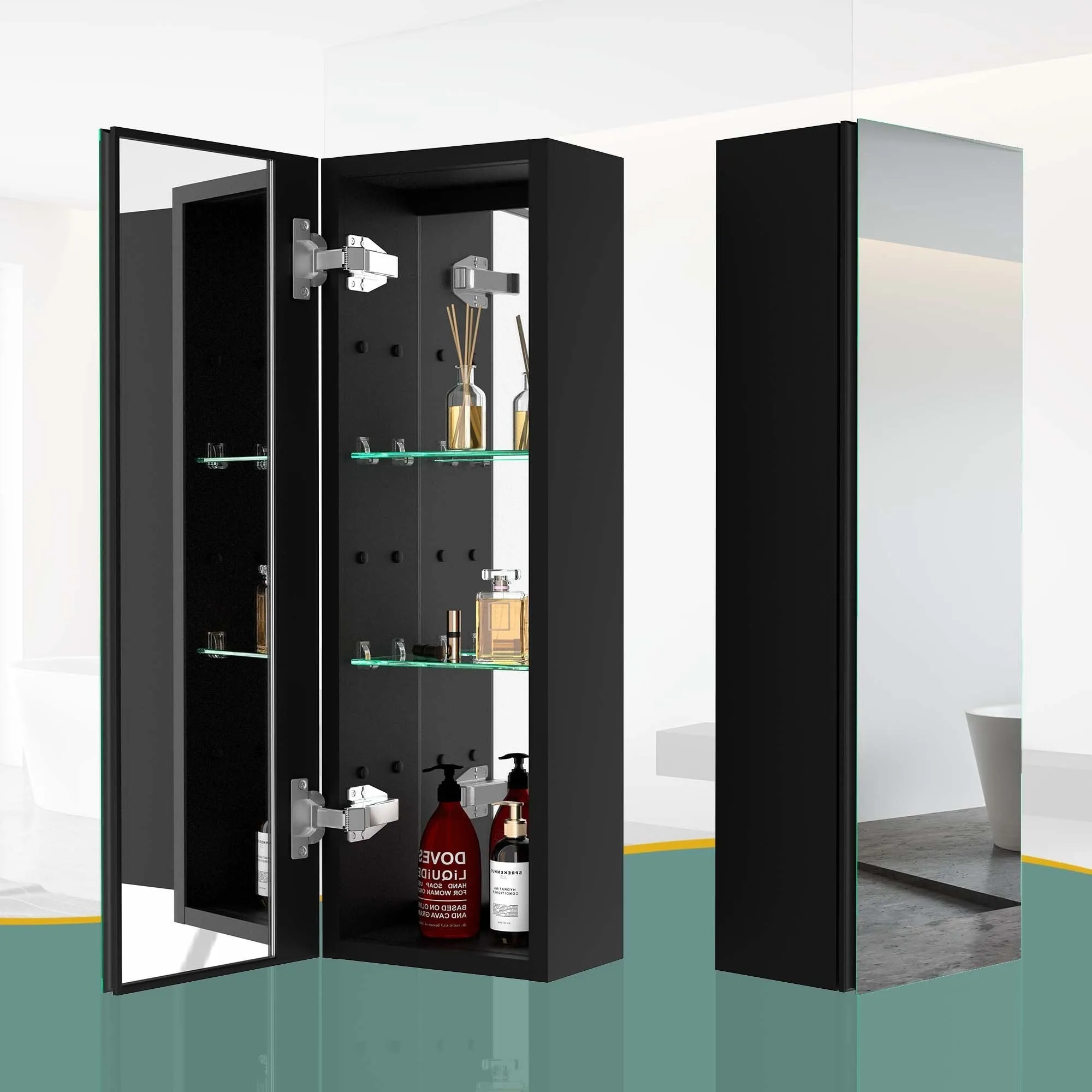 30x10 inch Medicine Cabinets Aluminum Bathroom Medicine Cabinet Adjustable Glass Shelves Black