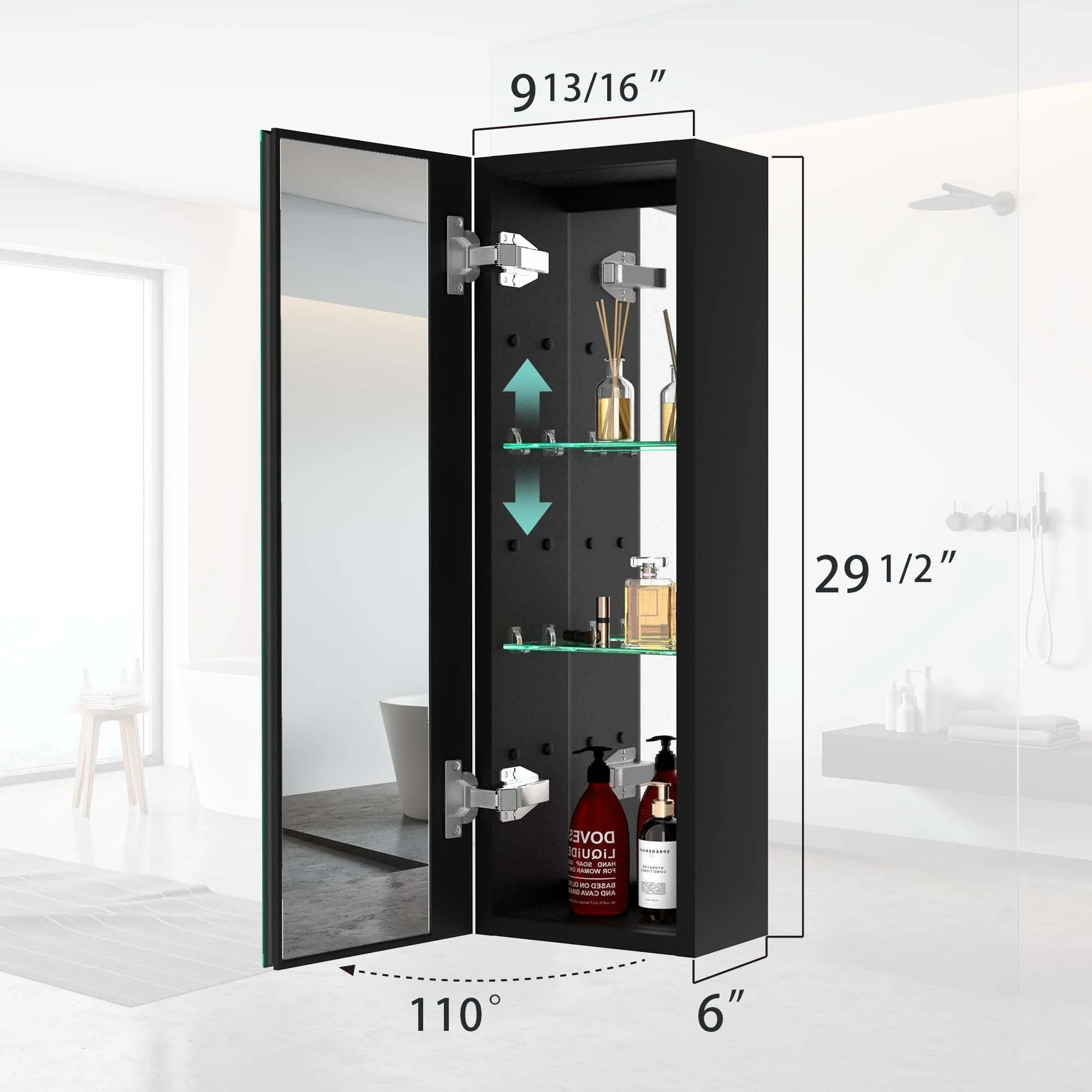 30x10 inch Medicine Cabinets Aluminum Bathroom Medicine Cabinet Adjustable Glass Shelves Black