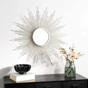 36-Inch Decorative Silver Retro Moonburst Round Wall Mirror