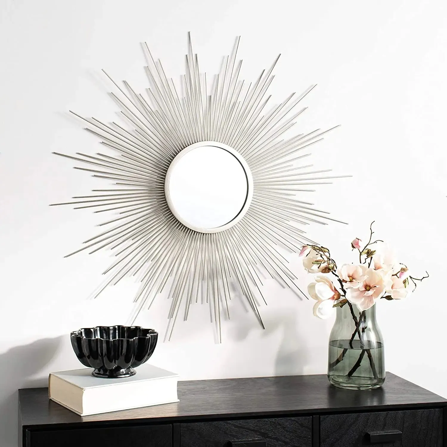 36-Inch Decorative Silver Retro Moonburst Round Wall Mirror