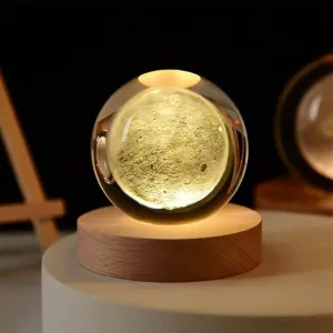 3D Moon System Crystal Ball Night Light with Wooden Base (White) (Pack of 1)