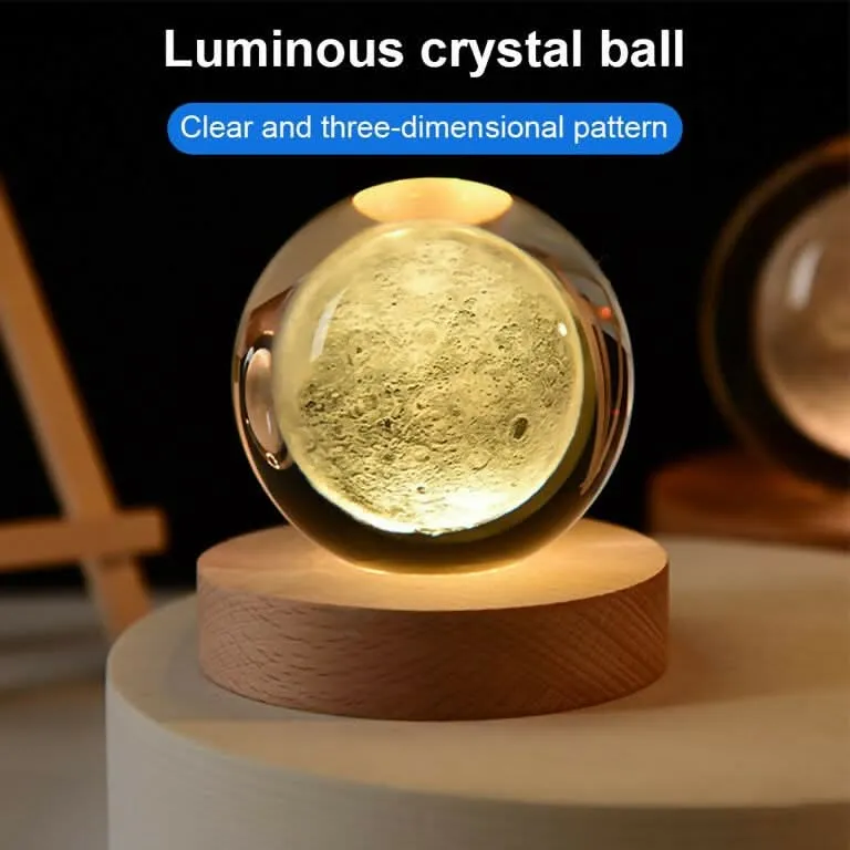 3D Moon System Crystal Ball Night Light with Wooden Base (White) (Pack of 1)