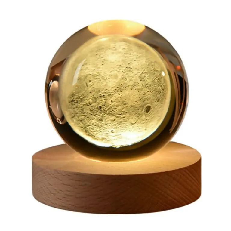 3D Moon System Crystal Ball Night Light with Wooden Base (White) (Pack of 1)