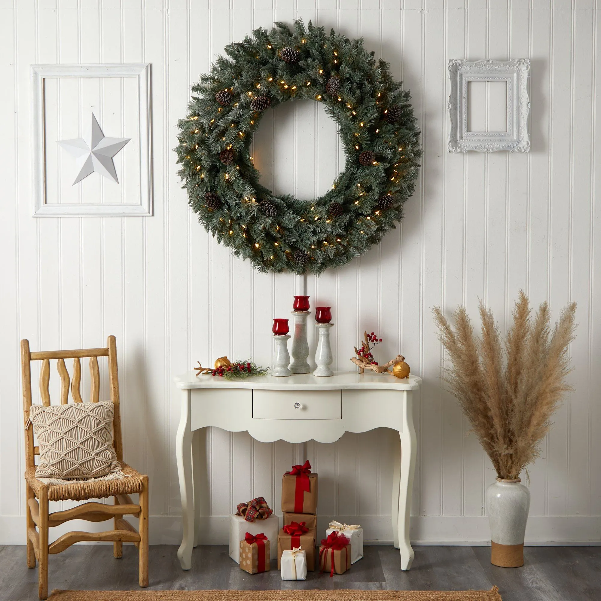 4’ Large Flocked Christmas Wreath with Pinecones, 150 Clear LED Lights and 360 Bendable Branches