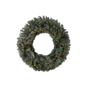 4’ Large Flocked Christmas Wreath with Pinecones, 150 Clear LED Lights and 360 Bendable Branches