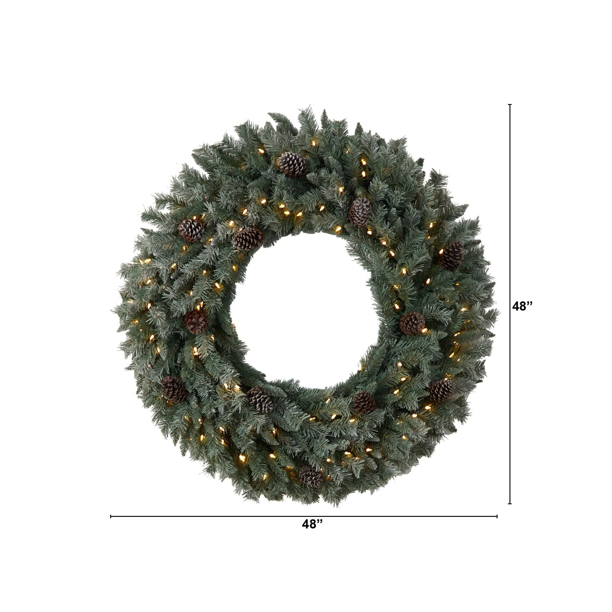 4’ Large Flocked Christmas Wreath with Pinecones, 150 Clear LED Lights and 360 Bendable Branches