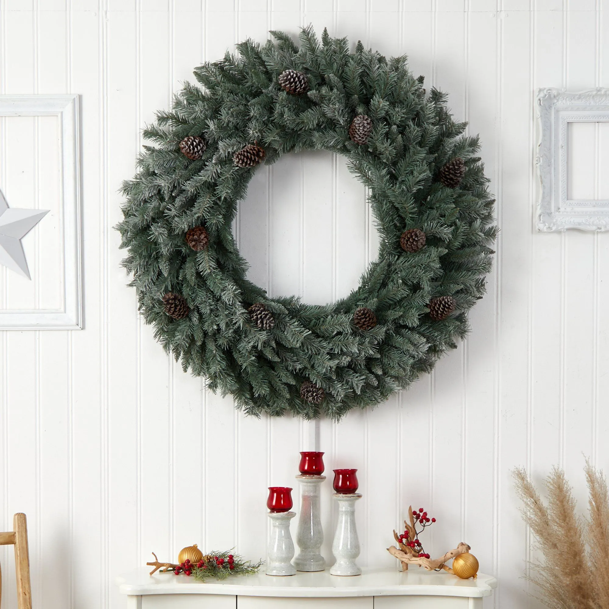4’ Large Flocked Christmas Wreath with Pinecones, 150 Clear LED Lights and 360 Bendable Branches