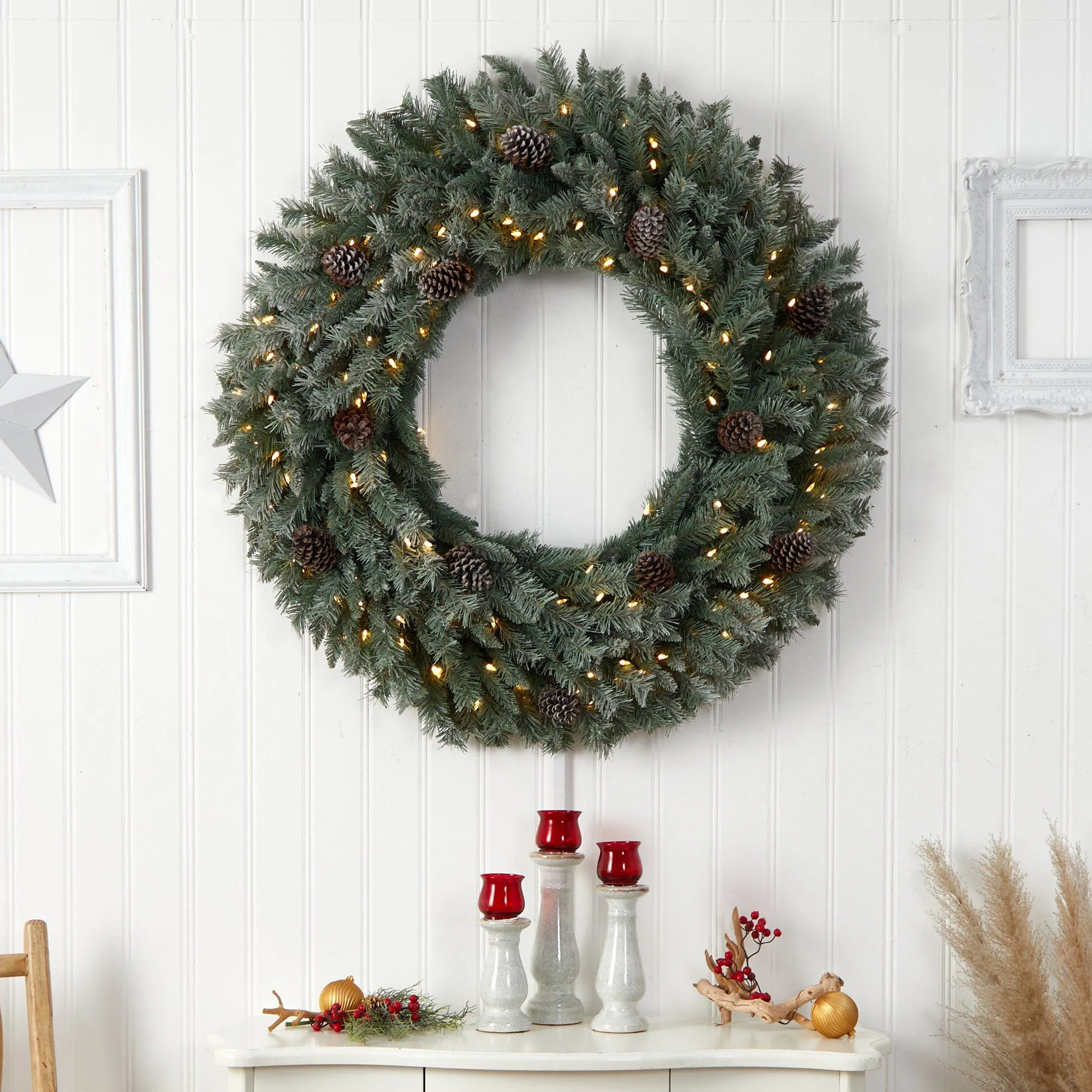 4’ Large Flocked Christmas Wreath with Pinecones, 150 Clear LED Lights and 360 Bendable Branches