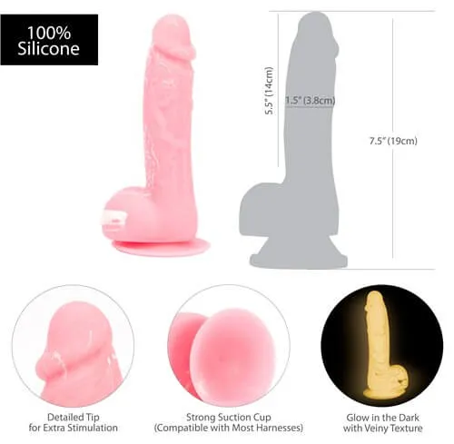 Addiction 100% Silicone Brandon 7.5 inches Pink Glow In The Dark Realistic Dildo*