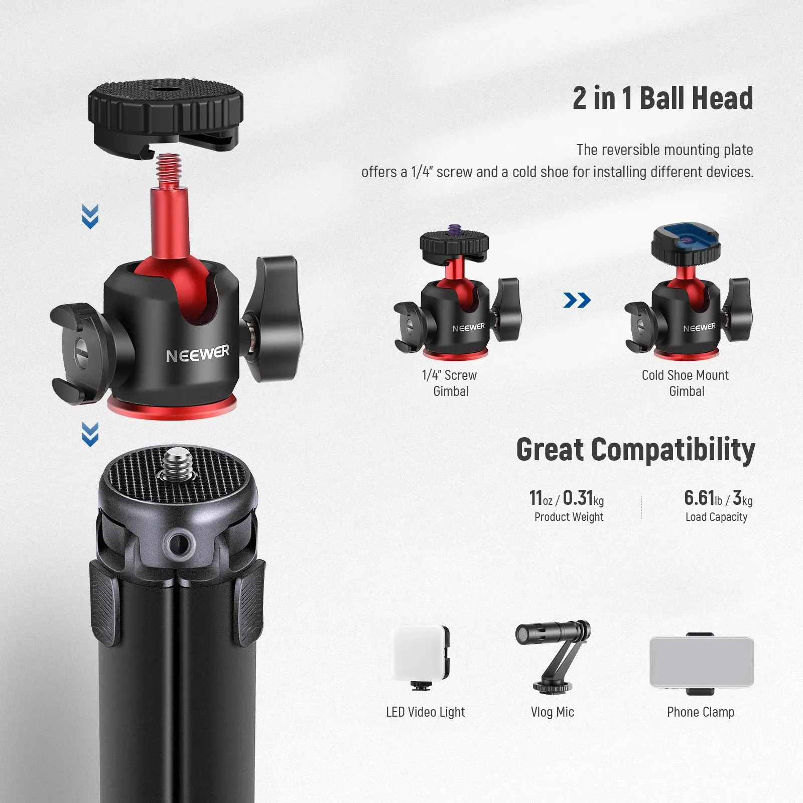 Adjustable Mini Tripod with 360 Ball Head & Accessory Shoe Ideal for Vlogging & Iphone Photography