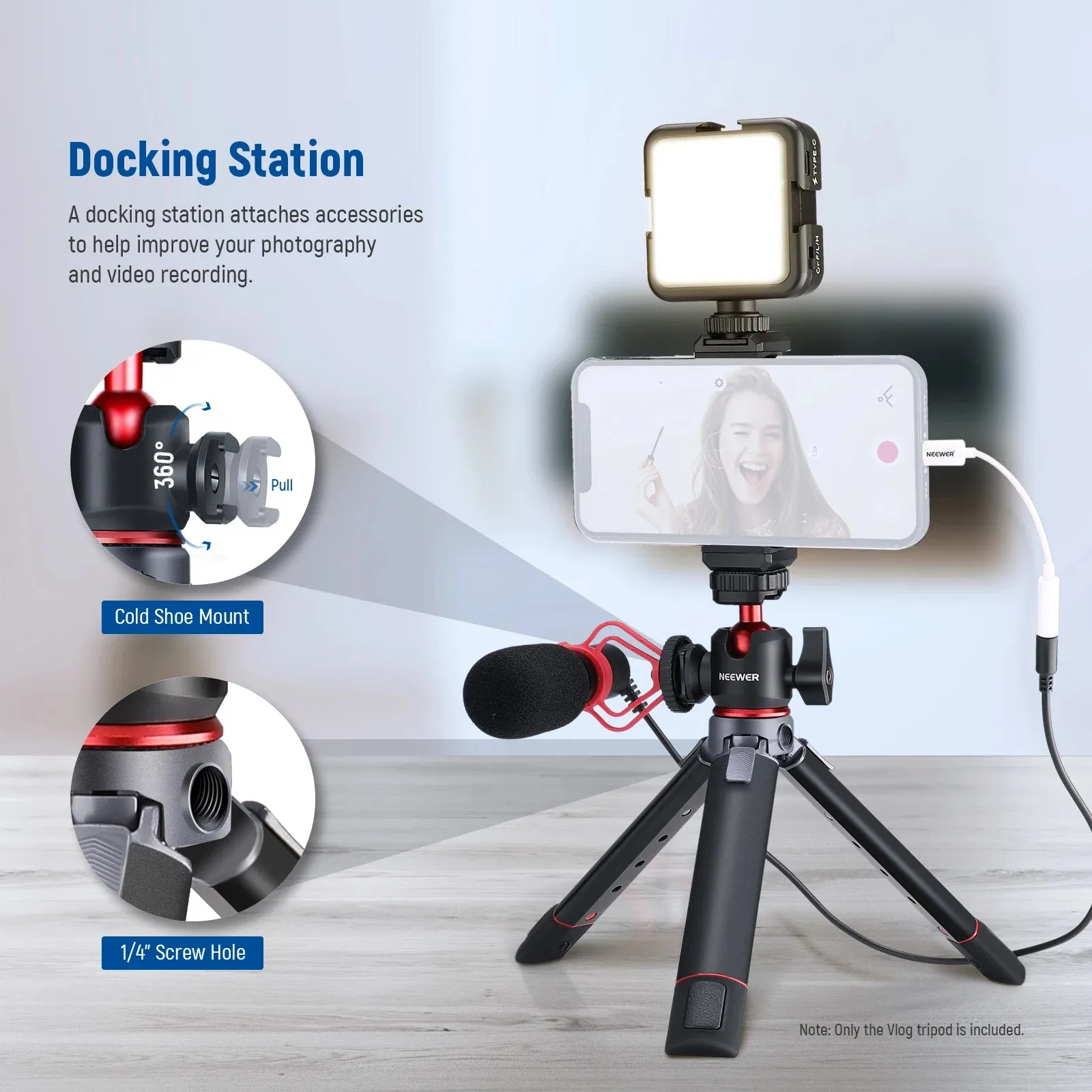 Adjustable Mini Tripod with 360 Ball Head & Accessory Shoe Ideal for Vlogging & Iphone Photography