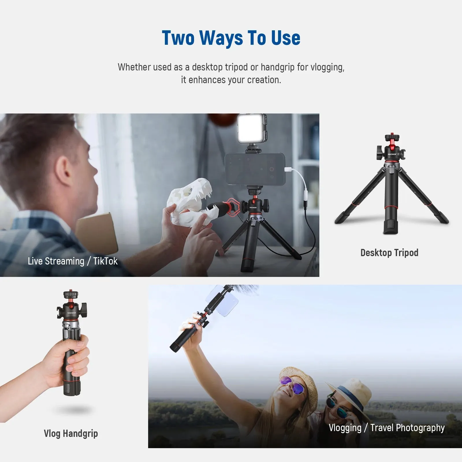 Adjustable Mini Tripod with 360 Ball Head & Accessory Shoe Ideal for Vlogging & Iphone Photography