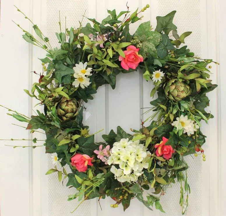 Artichoke, Hydrangea and Roses Silk Front Door Wreath – 22”