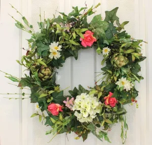 Artichoke, Hydrangea and Roses Silk Front Door Wreath – 22”
