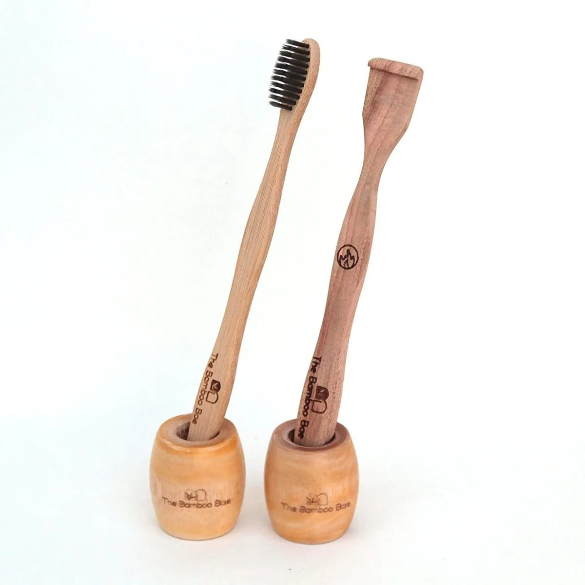 Bamboo Toothbrush and Tongue Cleaner with 2 Holders Combo | Oral Care Kit | With Reusable Jute Pouch
