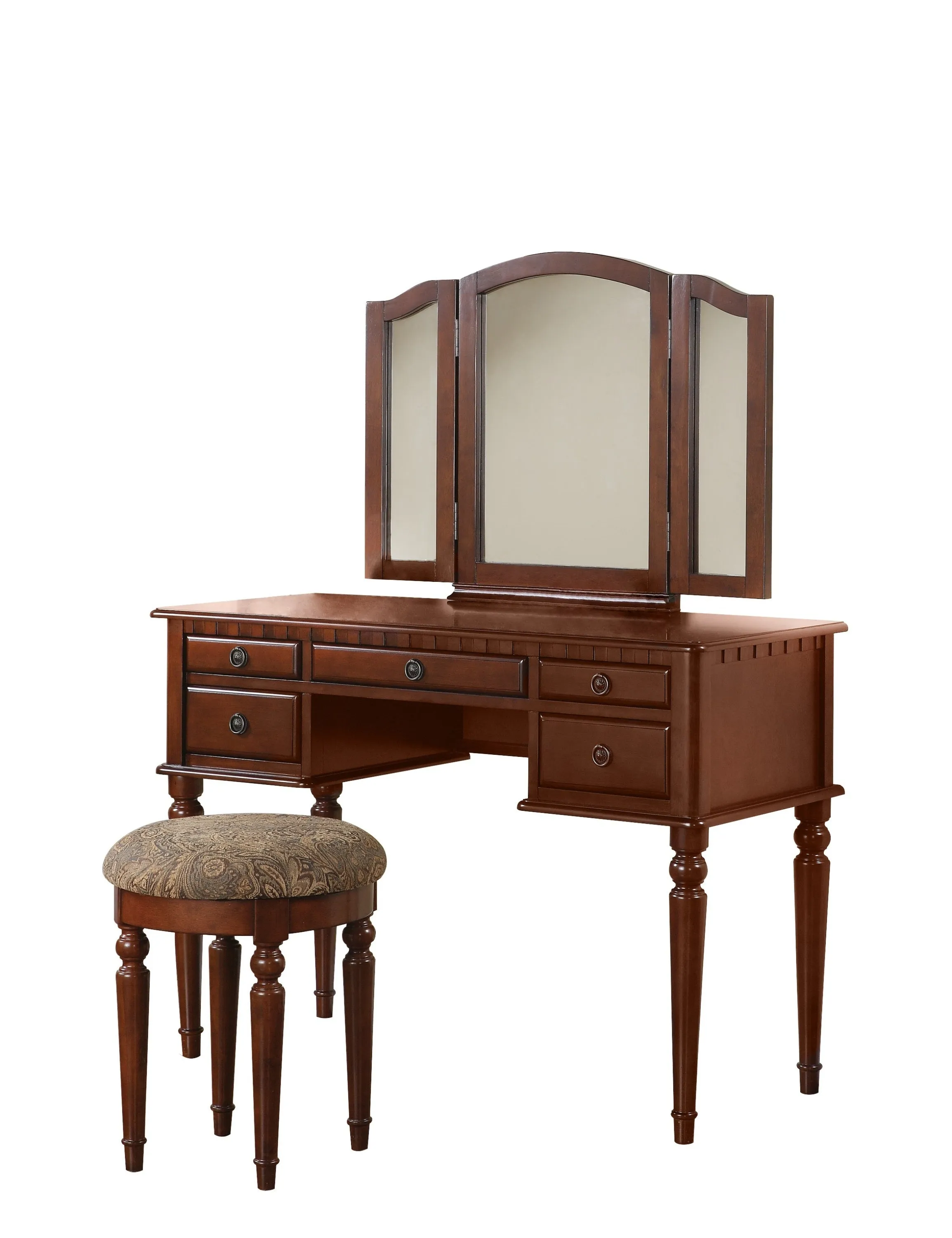 Bedroom Contemporary Vanity Set w Foldable Mirror Stool Drawers Cherry Color