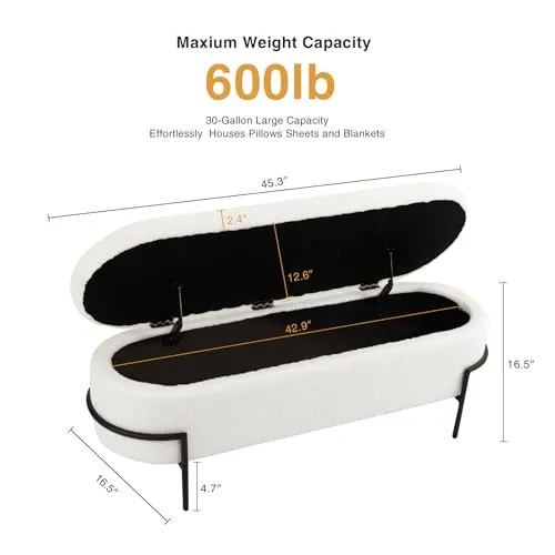 Beige Storage Ottoman Bench with Metal Stand, Upholstered Sherpa Stool with Large Storage Space, Modern Storage Bench for Living Room/Bedroom/End of Bed/Entryway/Bed Side, 52''L