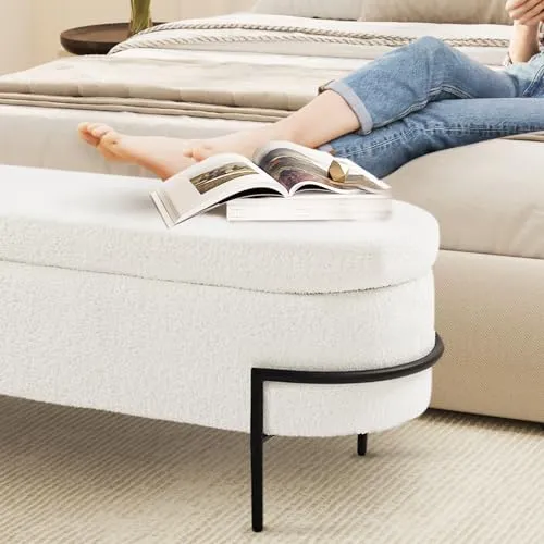 Beige Storage Ottoman Bench with Metal Stand, Upholstered Sherpa Stool with Large Storage Space, Modern Storage Bench for Living Room/Bedroom/End of Bed/Entryway/Bed Side, 52''L