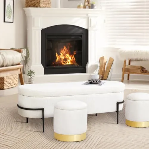 Beige Storage Ottoman Bench with Metal Stand, Upholstered Sherpa Stool with Large Storage Space, Modern Storage Bench for Living Room/Bedroom/End of Bed/Entryway/Bed Side, 52''L