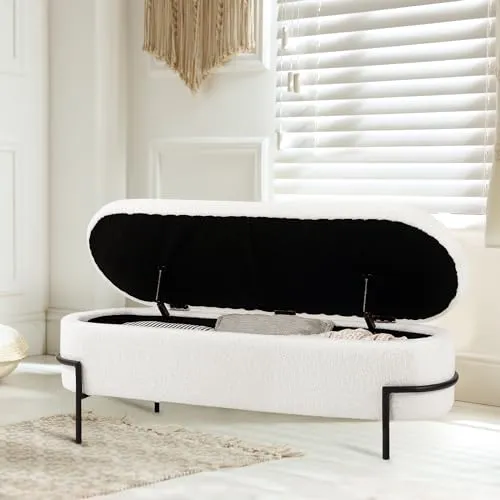 Beige Storage Ottoman Bench with Metal Stand, Upholstered Sherpa Stool with Large Storage Space, Modern Storage Bench for Living Room/Bedroom/End of Bed/Entryway/Bed Side, 52''L