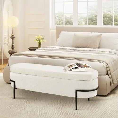 Beige Storage Ottoman Bench with Metal Stand, Upholstered Sherpa Stool with Large Storage Space, Modern Storage Bench for Living Room/Bedroom/End of Bed/Entryway/Bed Side, 52''L