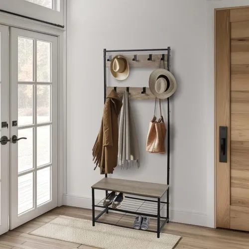 Coat Rack Stand with Shoe Storage Bench 9 Hooks Rustic Light Brown Entrance Hall