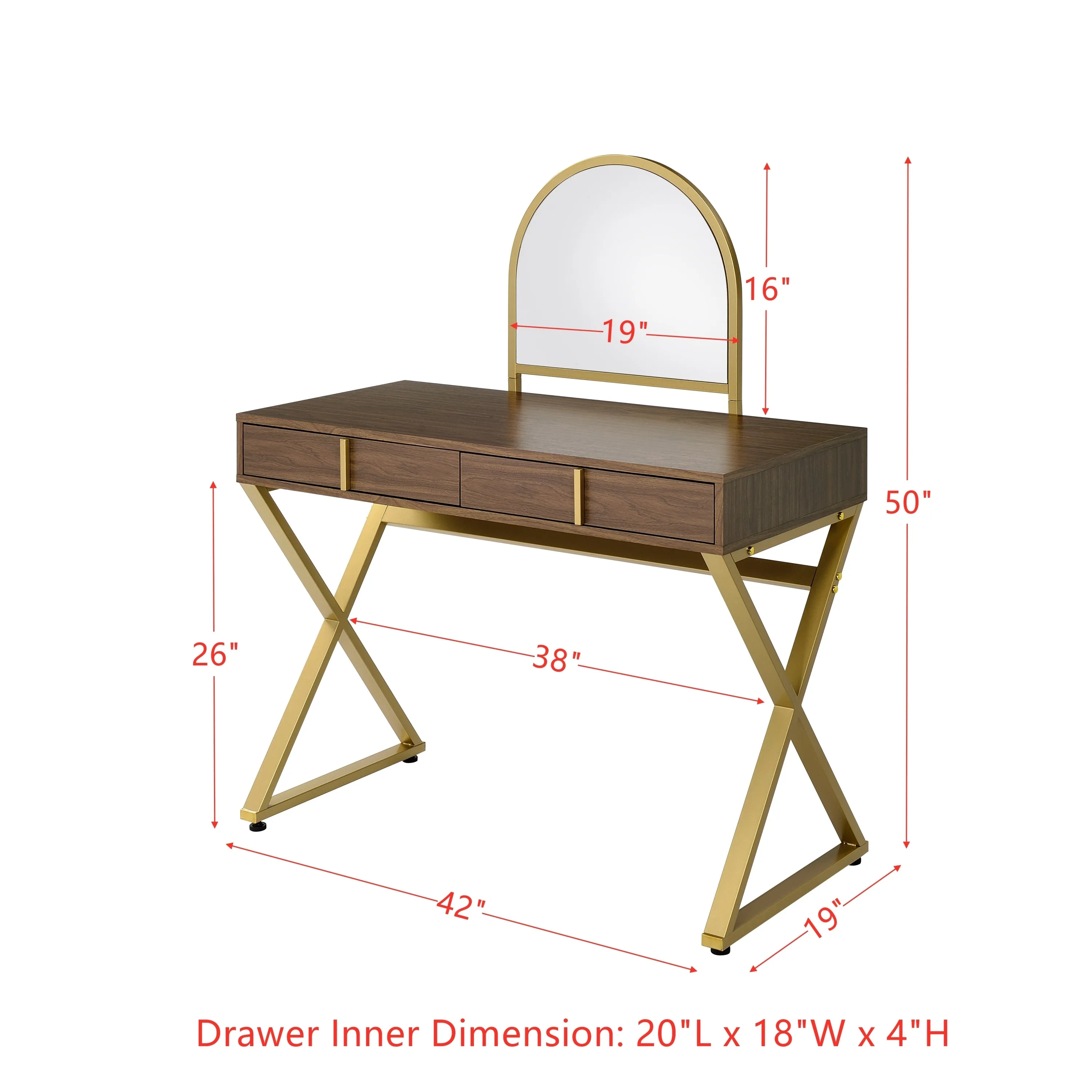 Coleen Vanity Desk w/Mirror & Jewelry Tray in Walnut & Gold Finish AC00665