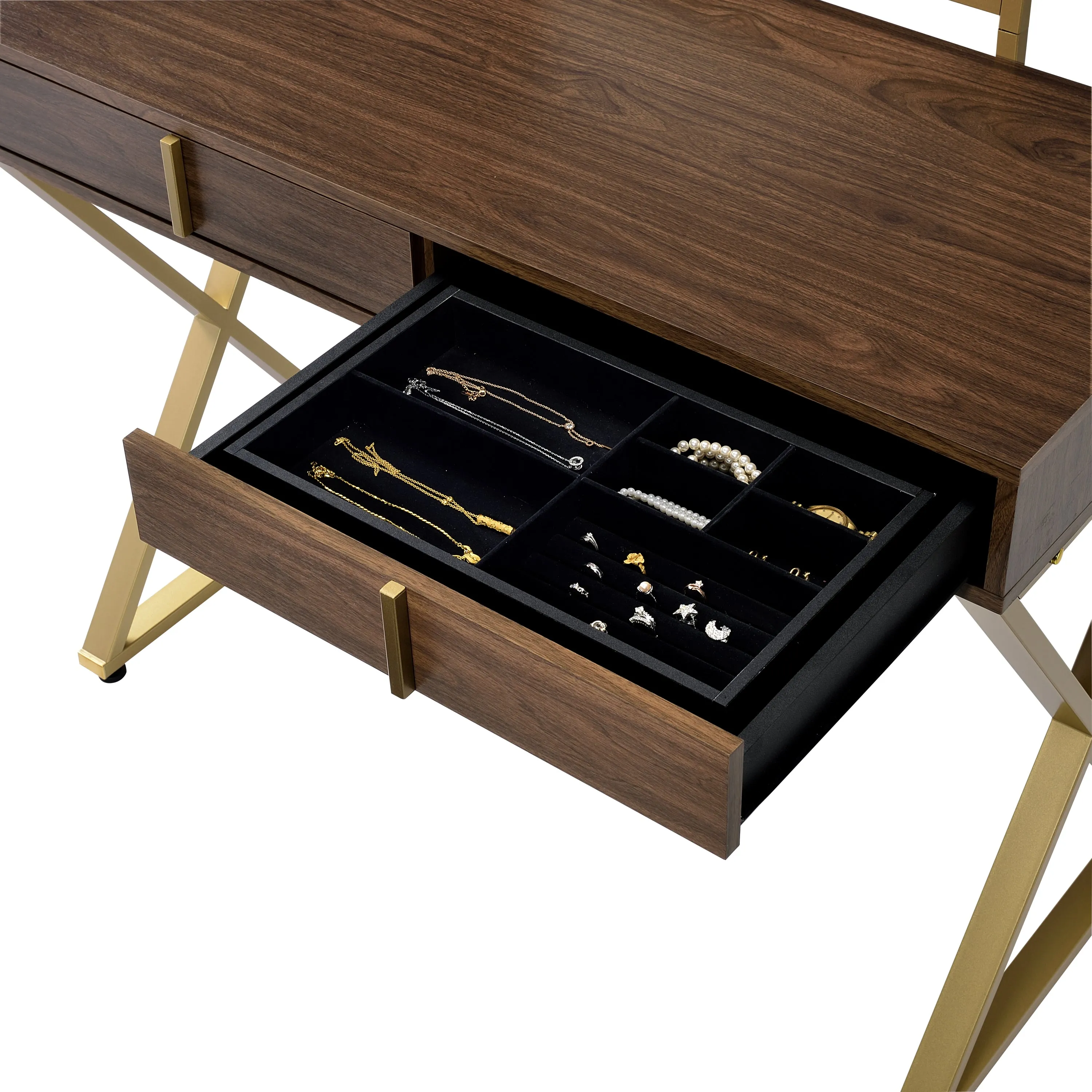 Coleen Vanity Desk w/Mirror & Jewelry Tray in Walnut & Gold Finish AC00665